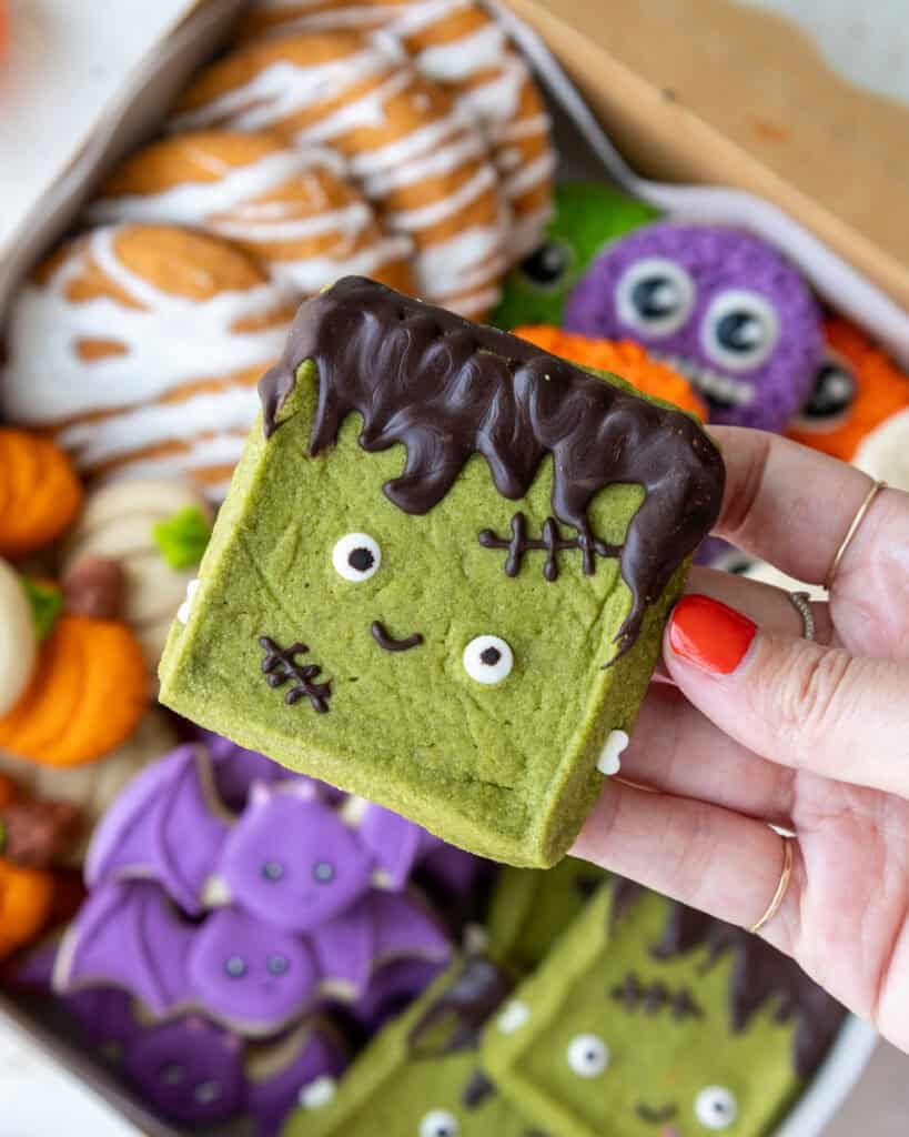image of a cute frankenstein cookie that's been made for halloween