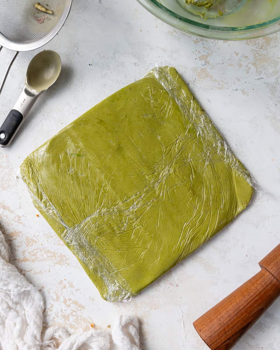image of matcha shortbread cookie dough that's been chilled to make Frankenstein cookies