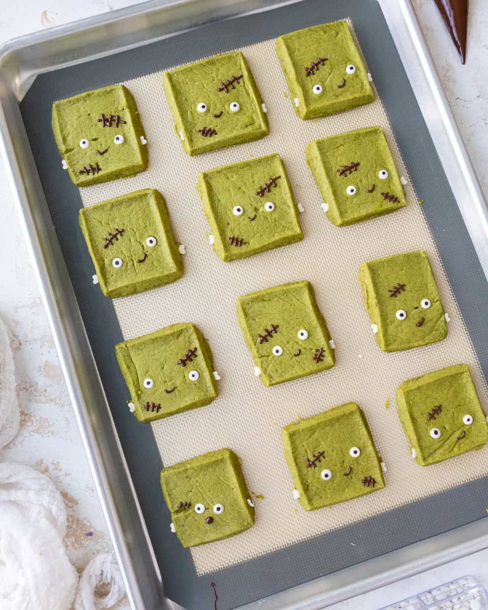 image of partially decorated frankenstein shortbread cookies