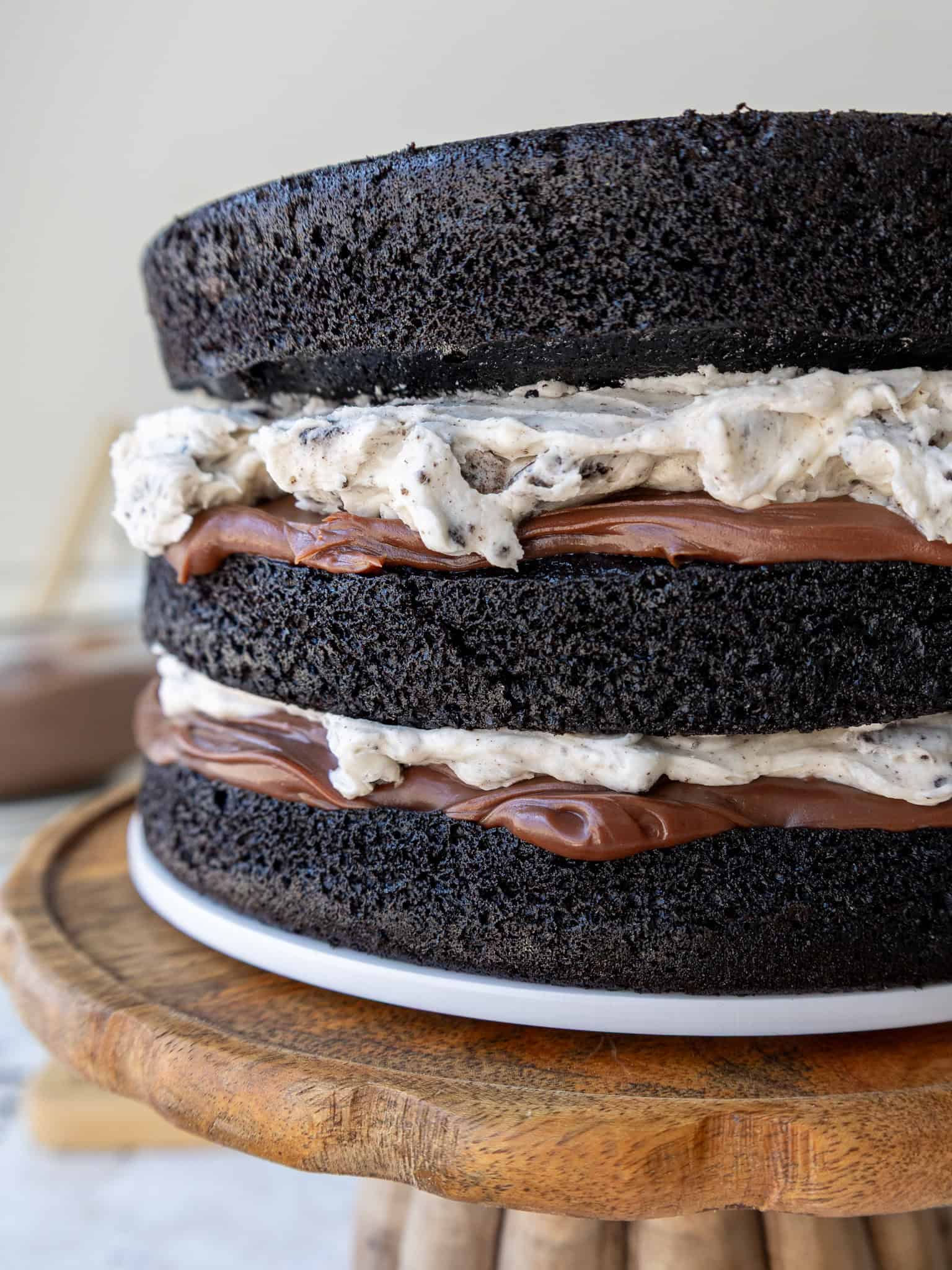image of a stacked oreo fudge cake