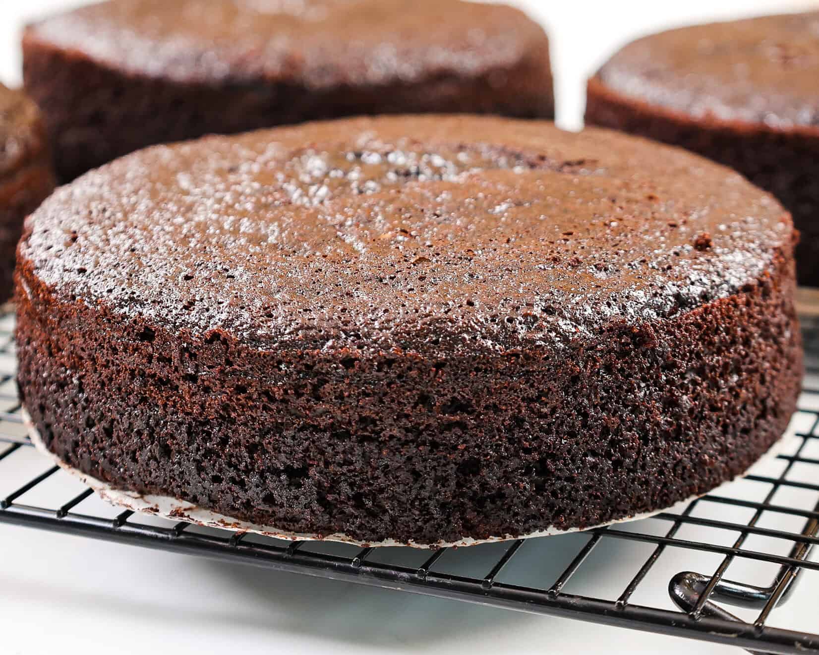 image of moist, 6-inch dark chocolate cake layers that are cooling on a wire rack