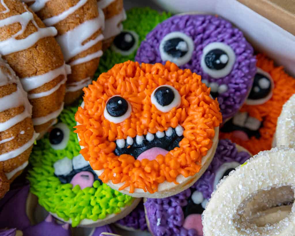 image of cute buttercream monster cookies that were made for halloween