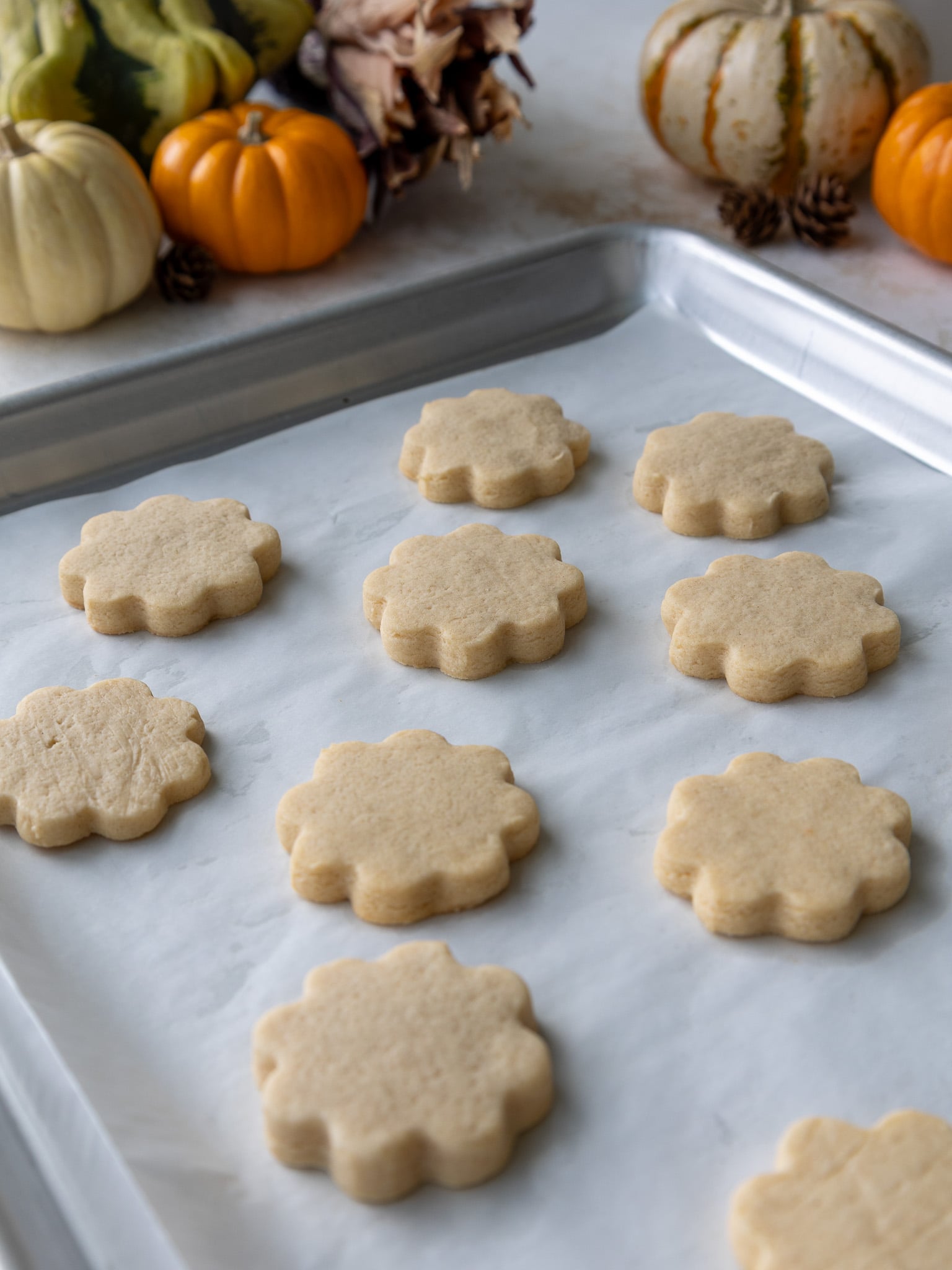 image of baked flower-shaped cream cheese sugar cookies cooling on a baking sheet