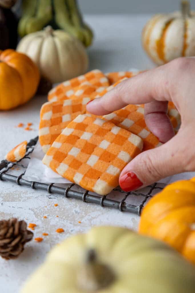 image of orange and white gingham shortbread cookies