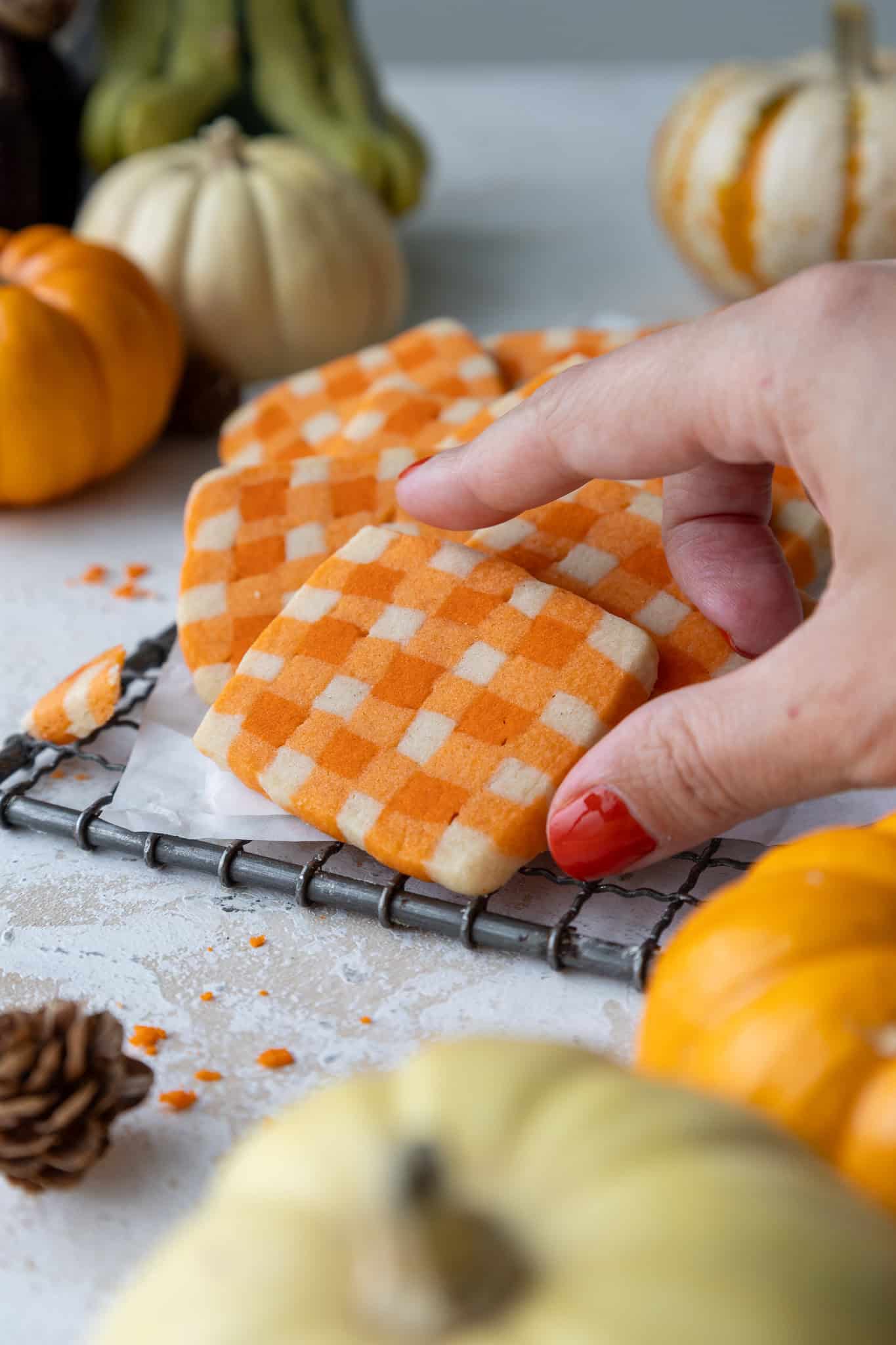 image of orange gingham shortbread cookies