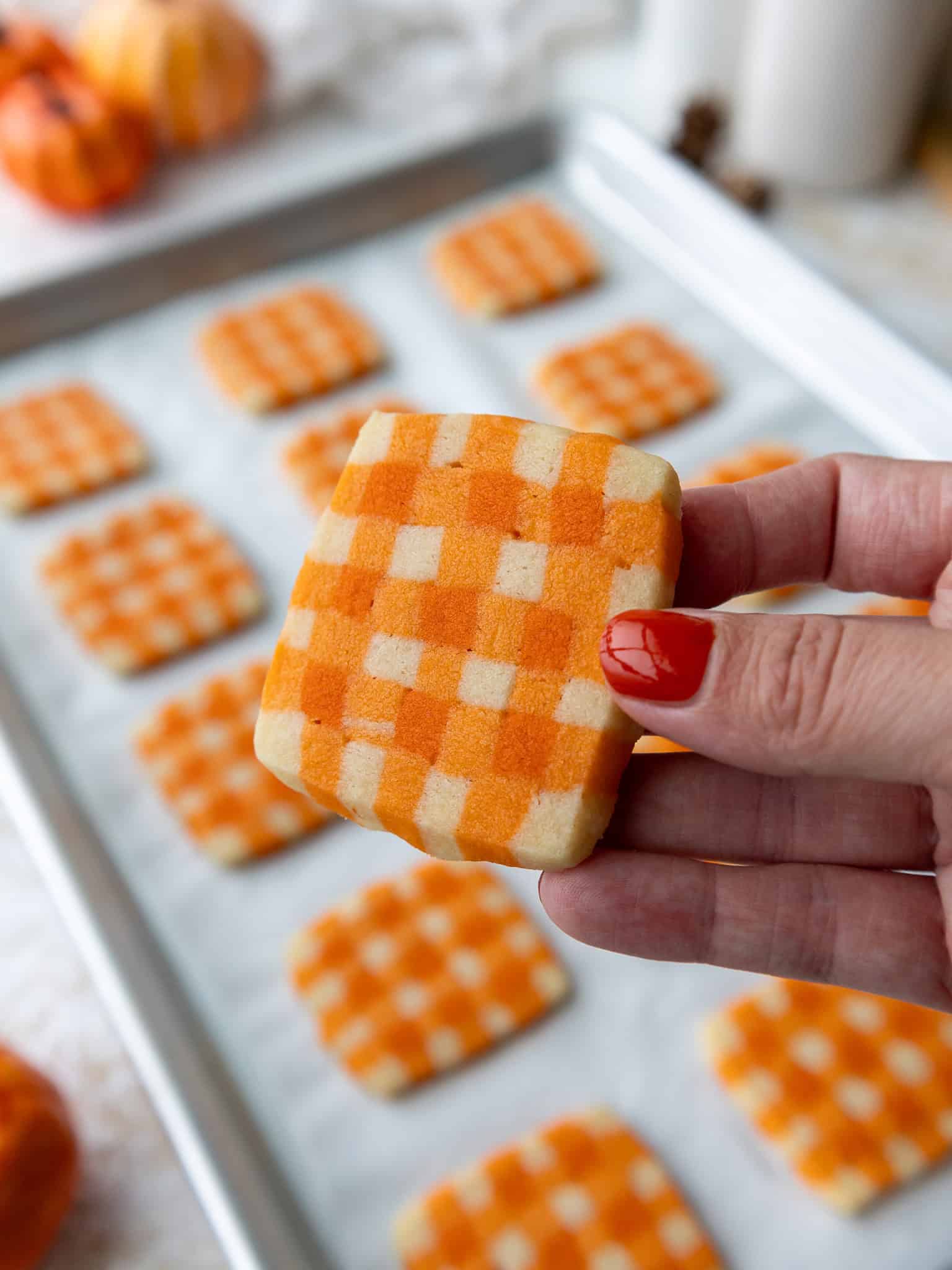 image of a gingham shortbread cookie being held up 
